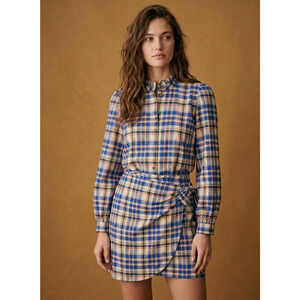 Sézane Plaid Telma Mini Dress | Blue & Ochre Tartan | Ruffle Collar | EU 38 US 6